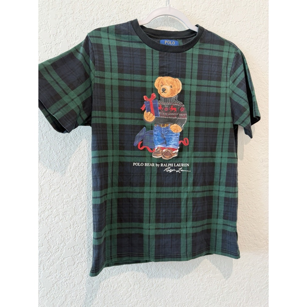 Polo Ralph Lauren Polo Bear Boys T-Shirt L 14-16 Green/Black Plaid Crew Neck